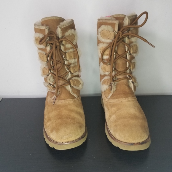 Ugg Womens Boots 7 Rommy Chestnut Suede Leather Sherpa Fur Lined Lace Up Shoes - Picture 9 of 11